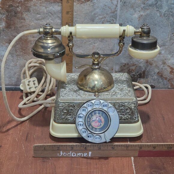 Vintage French Victorian Style Cream & Gold Rotary Dial Cradle Phone Desk Teleph - Picture 8 of 15